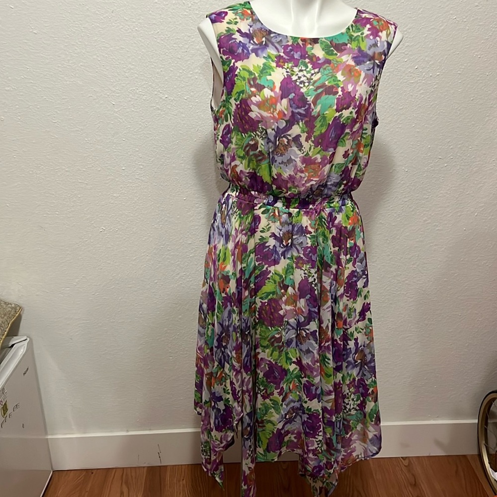 Emma & Michele Asymmetrical Floral Dress - Purple and Green